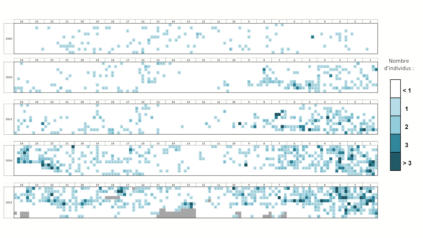 Résultats graphique de la colonisation des gorgones blanches le long du transect permanent entre 2005 et 2021